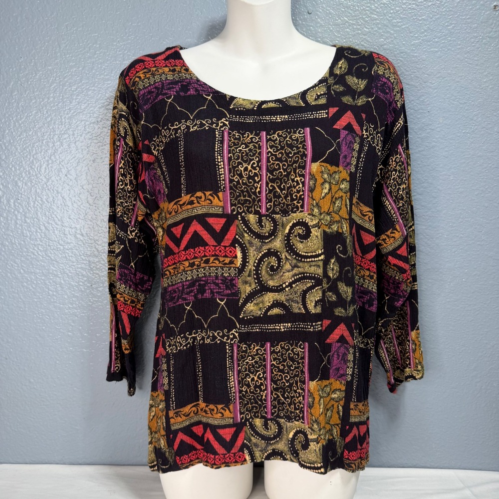 Women M 3/4 Bell Sleeve Crinkle Tunic Rayon Boho Patchwork Eclectic Summer Y2K